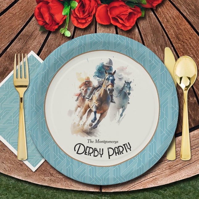 Racehorses Derby Party Paper Plate (Racehorses and Jockeys Turquoise Derby Party Paper Plates)