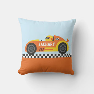 Racer in Orange and Yellow Race Car Boys Room Cushion