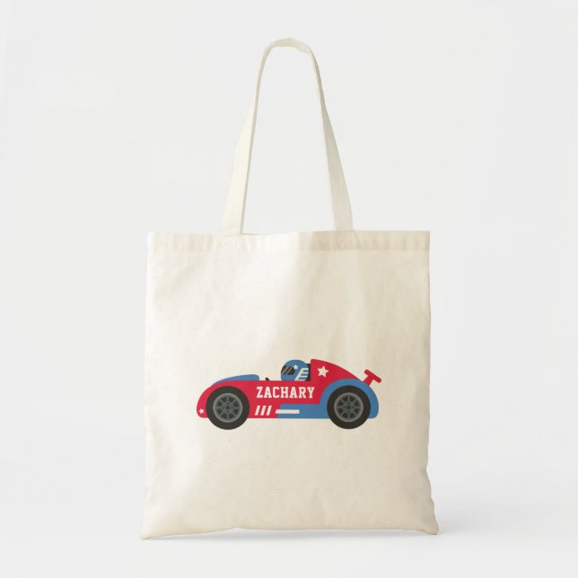 Racer in Red Blue and White Race Car Kids Name Tote Bag (Front)