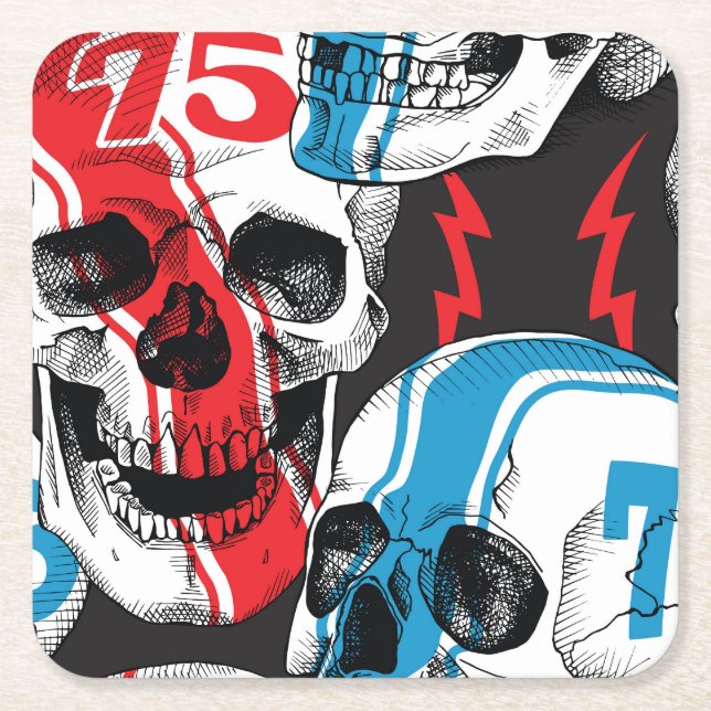 Racer Skull: Vintage Seamless Rebellion. Square Paper Coaster (Front)