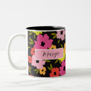 Rachel Floral Design Custom Name on Black Two-Tone Coffee Mug