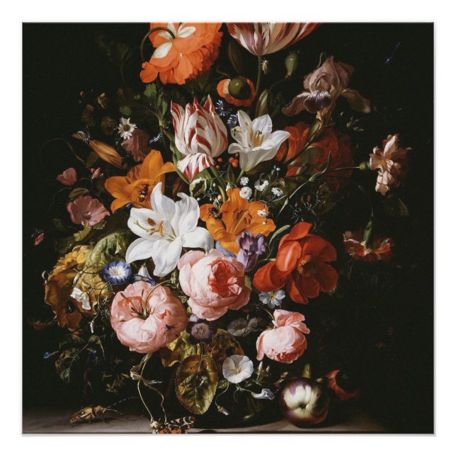 Rachel Ruysch - Flowers In A Glass Vase Poster (Front)
