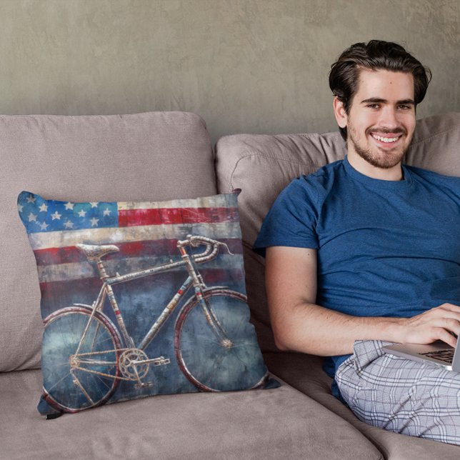 racing bike in acrylic american flag background cushion (Creator Uploaded)