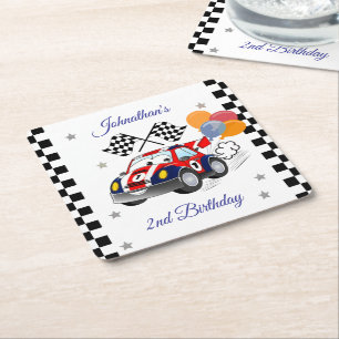 Racing Birthday Party Race Car & Chequered Flag Square Paper Coaster