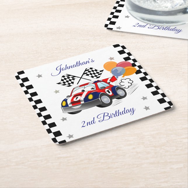 Racing Birthday Party | Race Car & Chequered Flag Square Paper Coaster (Angled)