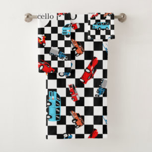Racing Black and White Modern Pattern with Cars Bath Towel Set