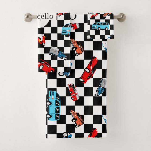 Racing Black and White Modern Pattern with Cars Bath Towel Set (Insitu)