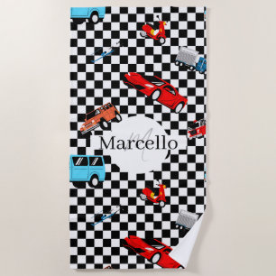Racing Black and White Modern Pattern with Cars Beach Towel