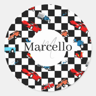 Racing Black and White Modern Pattern with Cars Classic Round Sticker