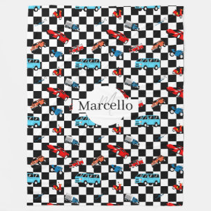 Racing Black and White Modern Pattern with Cars Fleece Blanket