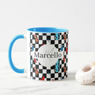 Racing Black and White Modern Pattern with Cars Mug