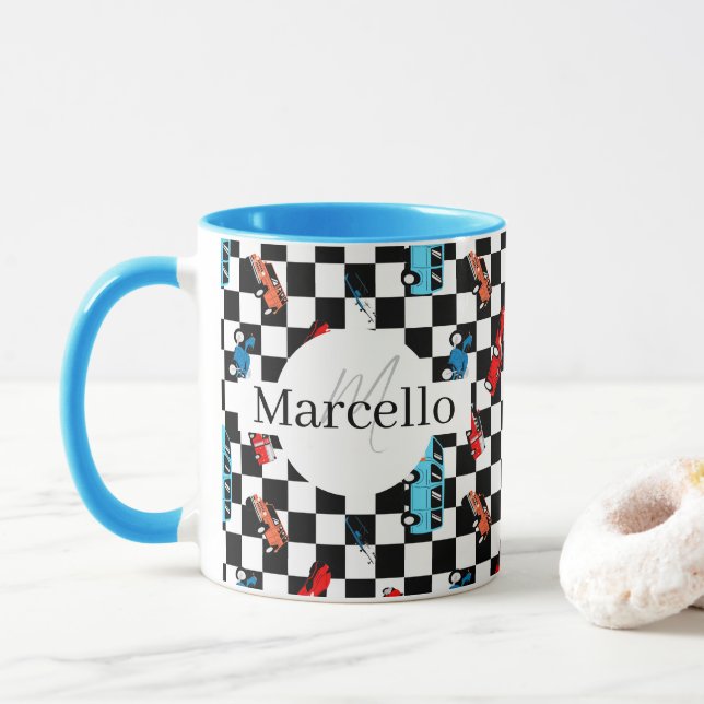 Racing Black and White Modern Pattern with Cars Mug (With Donut)