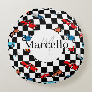 Racing Black and White Modern Pattern with Cars Round Cushion