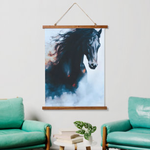 Racing Black Horse Portrait Minimalist Hanging Tapestry