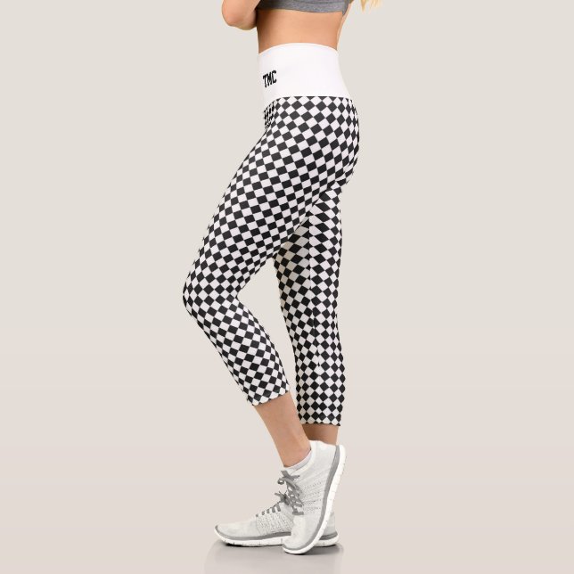 Racing Black White Chequered Flag Custom Initials Capri Leggings (Left)