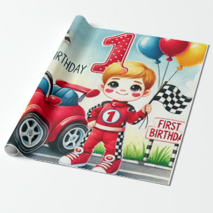Racing Car 1st Birthday Boy Watercolor Kids Wrapping Paper