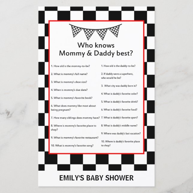 Racing Car Baby Shower Game PRINTED (Front)