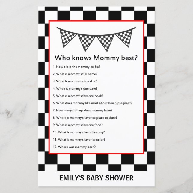 Racing Car Baby Shower Game PRINTED (Front)