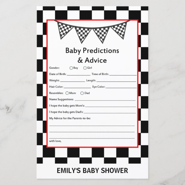 Racing Car Baby Shower Game PRINTED (Front)