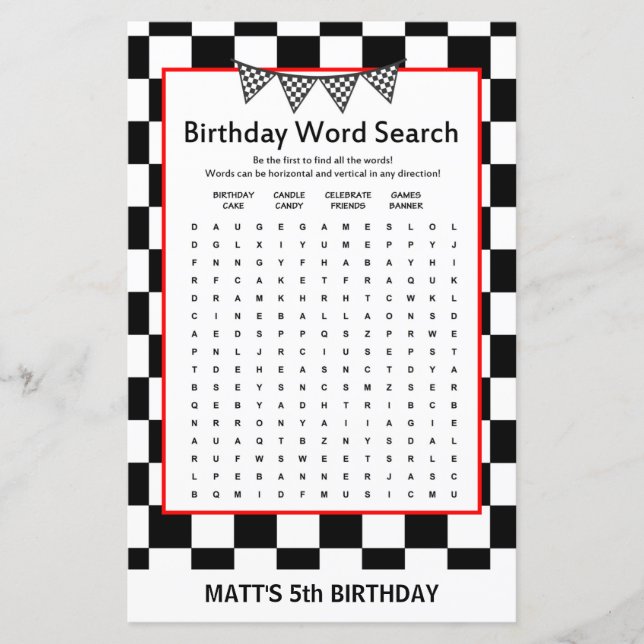 Racing Car Birthday Game PRINTED (Front)