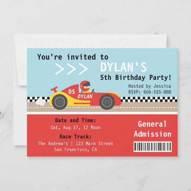 Racing Car, Birthday Party, Boys Admission Ticket Invitation (Front)