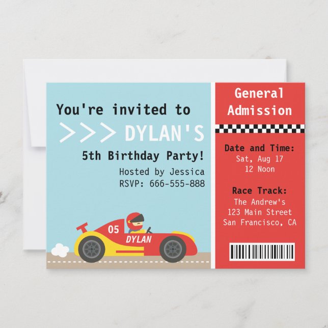 Racing Car, Birthday Party, Boys Admission Ticket Invitation (Front)