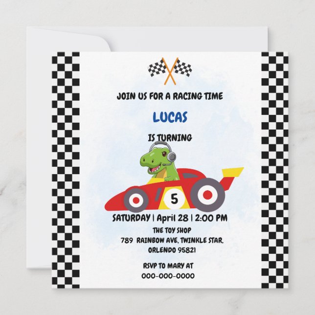 Racing car boy game Funny Dinosaur Birthday party Invitation (Front)