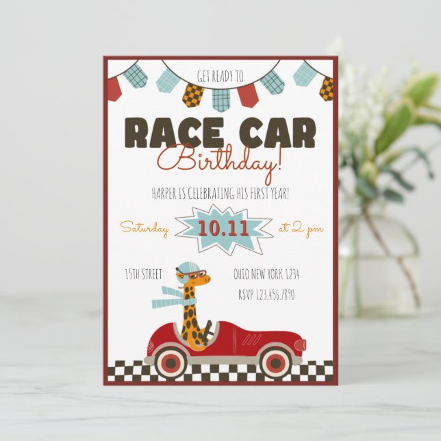Racing Car Fast Giraffe Birthday Invitation (Standing Front)