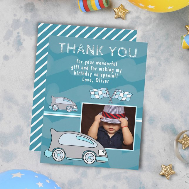 Racing Car Finish Flags Blue Boy Photo Birthday  Thank You Card (Creator Uploaded)