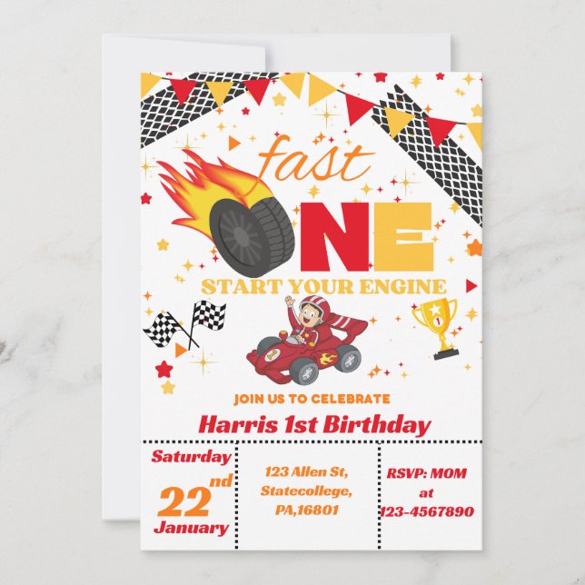Racing Car First Birthday Invitation  (Front)