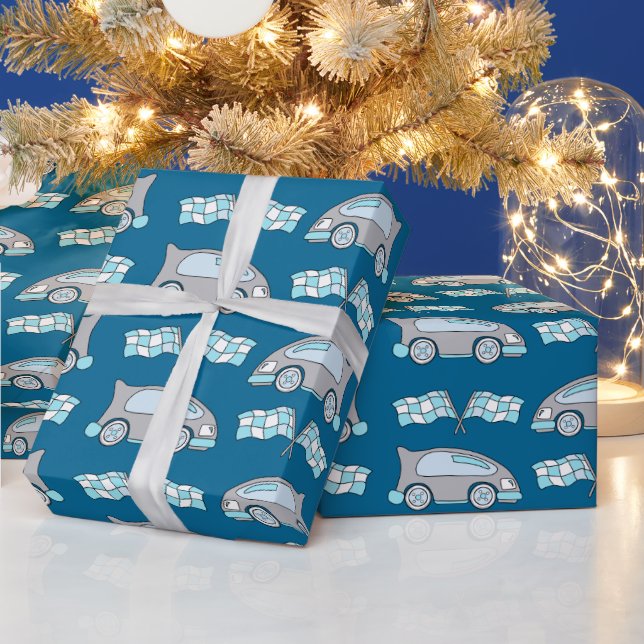 Racing Car Flag Blue Kids Pattern Wrapping Paper (Holidays)