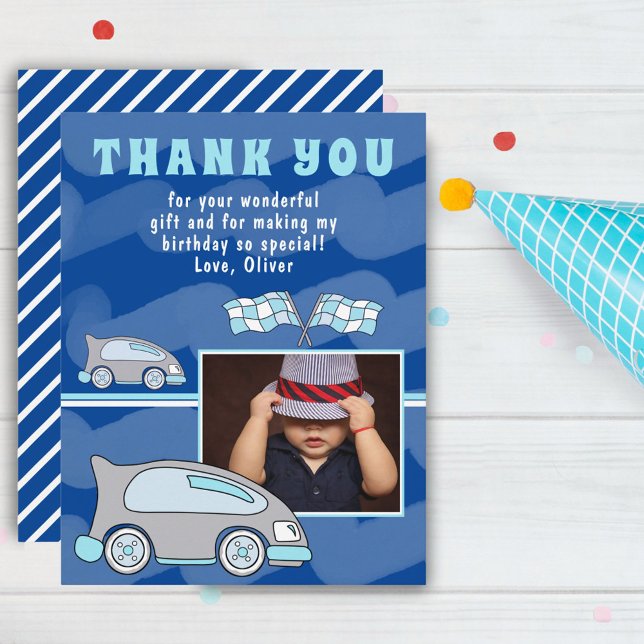 Racing Car Flag Blue Photo Birthday Thank You Card (Creator Uploaded)