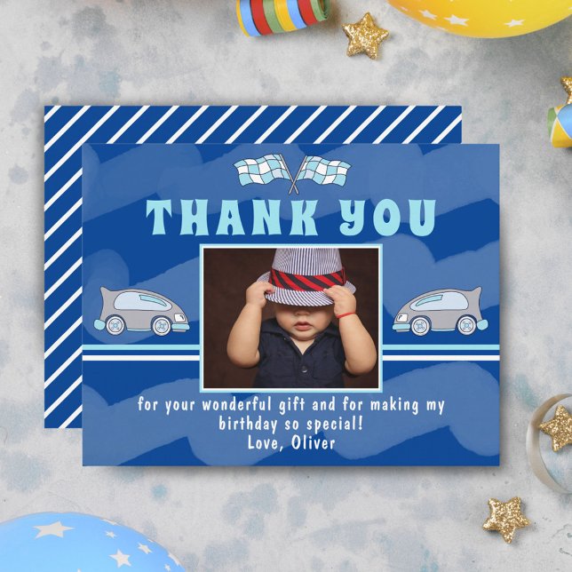 Racing Car Flag Blue Photo Birthday Thank You Card (Creator Uploaded)