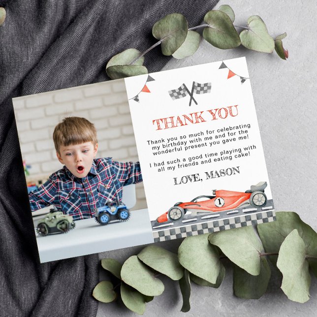 Racing Car Party Birthday Photo Thank You Card (Creator Uploaded)
