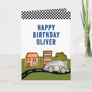 Racing Car Road Houses Name Happy Birthday Card