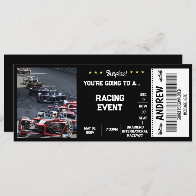 RACING CAR SURPRISE  GIFT TICKET INVITATION (Front/Back)