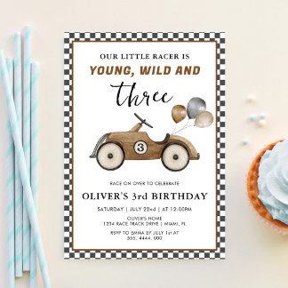 Racing Car Young Wild & Three Boys Birthday Invitation