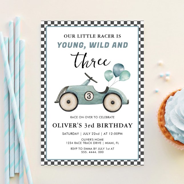 Racing Car Young Wild & Three Boys Birthday Invitation (Creator Uploaded)