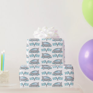 Racing Cars and Flags on White Pattern Wrapping Paper