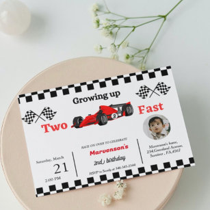 Racing cars bithday boy growing up two fast invitation