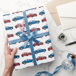 Racing Cars Race Retro Blue Birthday Kids Wrapping Paper