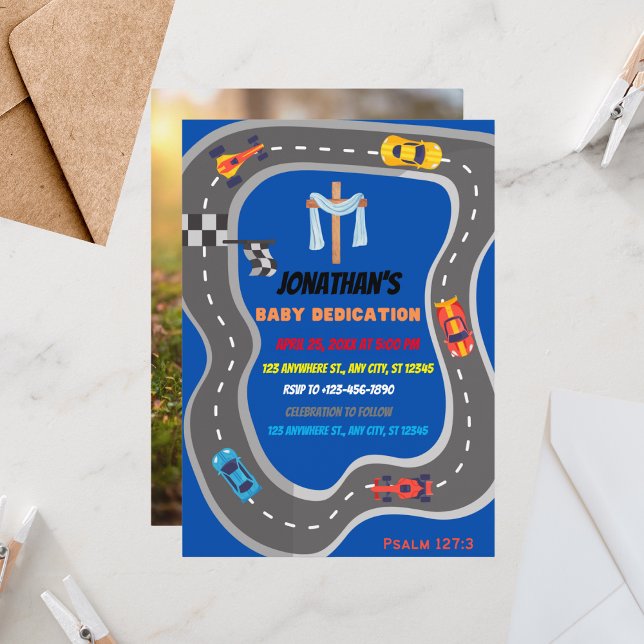 Racing Cars Racetrack Baby Boy Dedication Photo Invitation (Creator Uploaded)