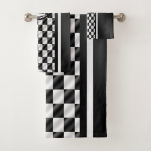 Racing Checkered Black White Sport Logo Bath Towel Set