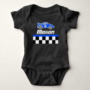 Racing driver blue car custom name baby boy romper baby bodysuit