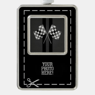 Racing Flags Design on Stripes Carbon Fibre Style Silver Plated Framed Ornament
