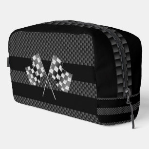 Racing Flags on Black Stripes Carbon Fiber Style Dopp Kit