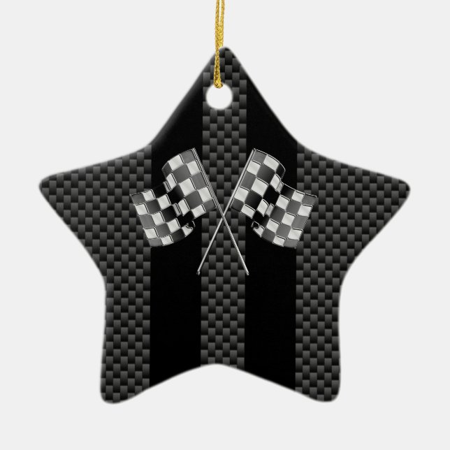 Racing Flags on Black Stripes Carbon Fibre Style Ceramic Tree Decoration (Front)