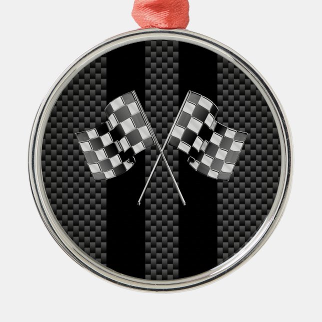 Racing Flags on Black Stripes Carbon Fibre Style Metal Tree Decoration (Front)