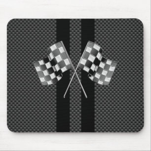Racing Flags on Black Stripes Carbon Fibre Style Mouse Pad