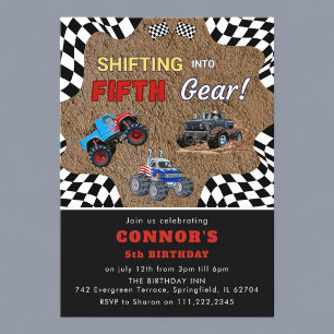 Racing into Five Monster Truck Party Invitation